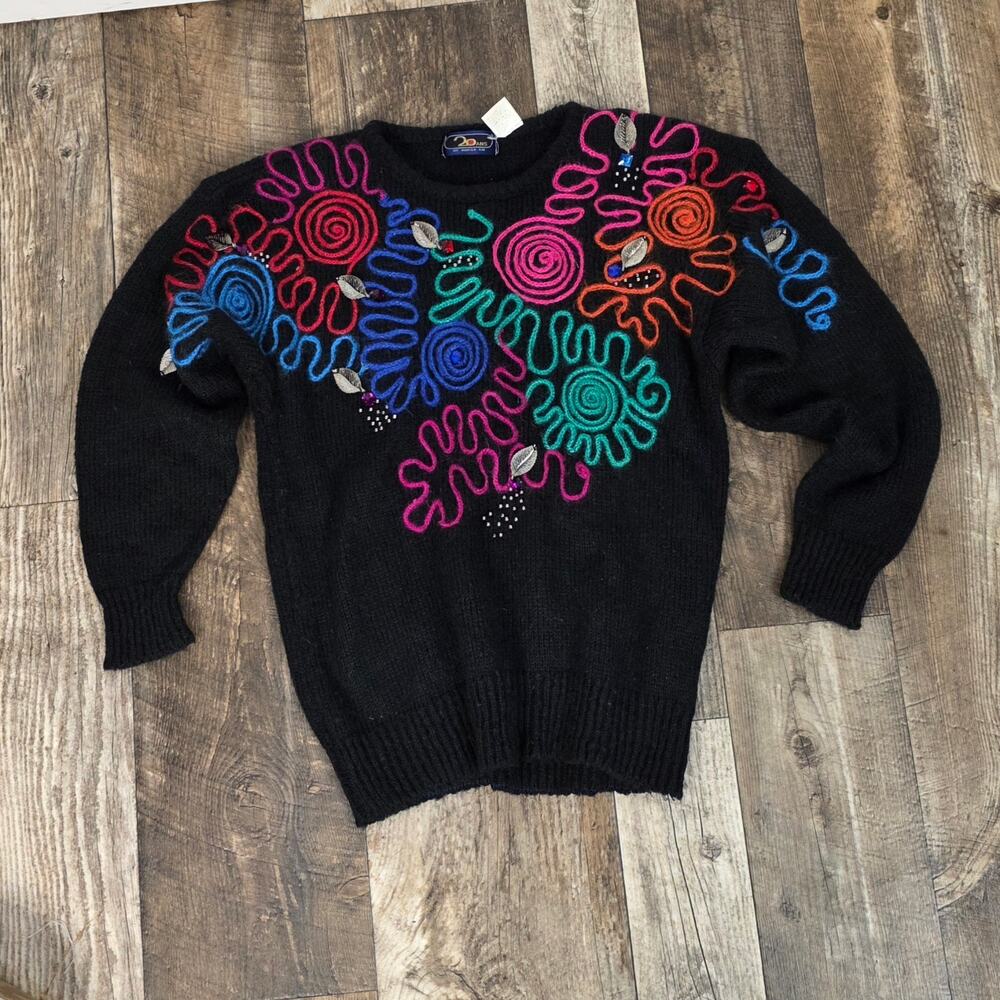 Vintage 80s Black Embroidered Sweater Colorful Floral Wool Blend Artsy Statement